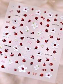 1pc 5D Stereoscopic Ladybug & Flower Nail Stickers - Self-Adhesive, Cute Red Ladybug, White Daisy & Bow Pattern, Embossed Sliders For DIY Nails, Summer Garden Nail Art Decals, Easy To Apply Nail Decorations For Women & Girls, Nail Art Supplies - Multicolor - View 7