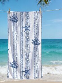 1pc Ocean Themed Beach Towel, Blue & White Striped With Starfish & Shell Print, Quick Dry Absorbent Towel For Beach, Pool, Travel - Striped Ocean Shell - View 4
