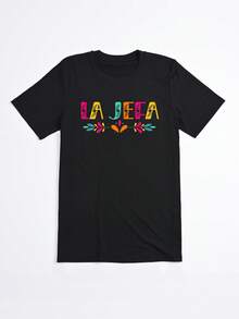 Camiseta Negra con Estampado La Jefa y Flores Coloridas para Mujer Casual - Negro - Ver 2