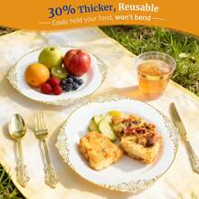 175Pcs Gold Plastic Plates For Party, Disposable Plates Set, 25 Of Each 9" Dinner Plates, 7" Cute Dessert Plates, 9oz Cups & Spoons Forks Knives Napkins Cutlery For Weddings Birthday Baby Bridal Shower, Catering Events - Dinnerware Set Exquisite For 25 Guest Service - Elegant & Sturdy - White - View 5