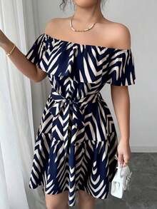 Vestido casual y elegante de vacaciones con hombros descubiertos, cintura con volantes y estampado de rayas azul marino, adecuado para carnaval, Día del Trabajo, Pascua, vuelta al colegio, playa, viajes, jardín y estilo callejero en verano - Azul marino - Ver 7