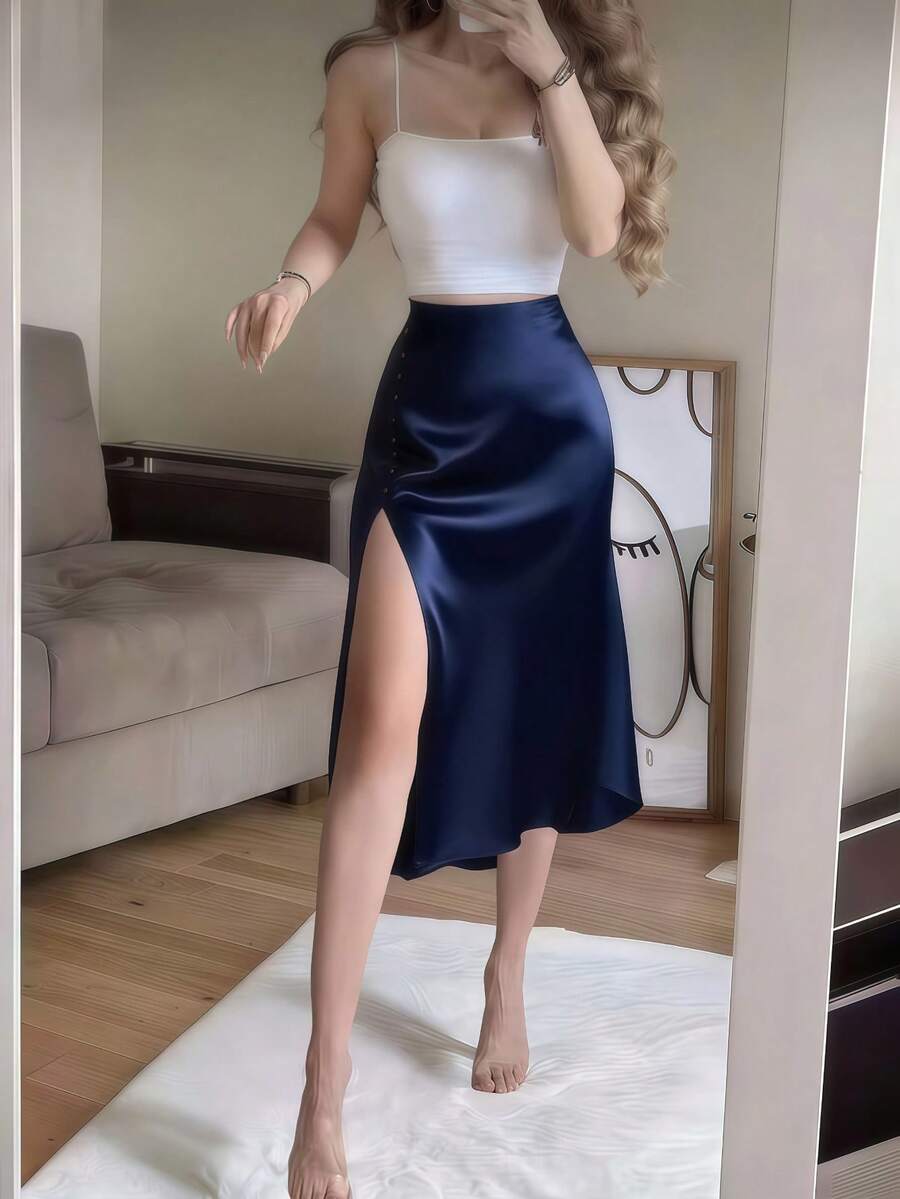 Navy Blue Satin Elegant High-Waist High-Slit Button Decor Fitted Skirt Spring - Navy Blue - View 1