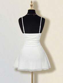 Vestido mini halter retro estampado otoñal con pliegues para mujer - Blanco - Ver 2