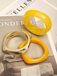 3pcs Set Elegant Minimalist Purple Asymmetrical Resin Bracelet Set, Suitable For Personal Style - Yellow - View 3