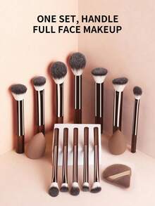 15件套多功能化妆刷套装，包含12支长柄软毛化妆刷、2个化妆海绵、1个粉扑，适合所有肤质，快速上妆工具 - 咖啡棕 - 查看 5