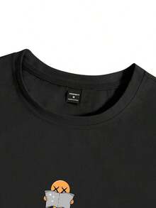 Cute Cartoon Print Off-Shoulder Short-Sleeved T-Shirt, Suitable For Casual Wear. - 黑色的 - 查看 5