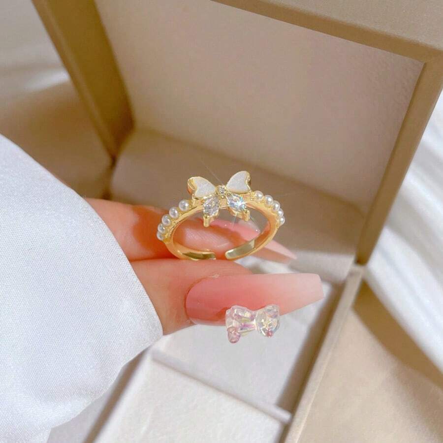 1枚锆石蝴蝶珍珠装饰女士时尚可调节戒指，百搭奢华优雅设计珠宝礼品 - 蝴蝶戒指 - 查看 1