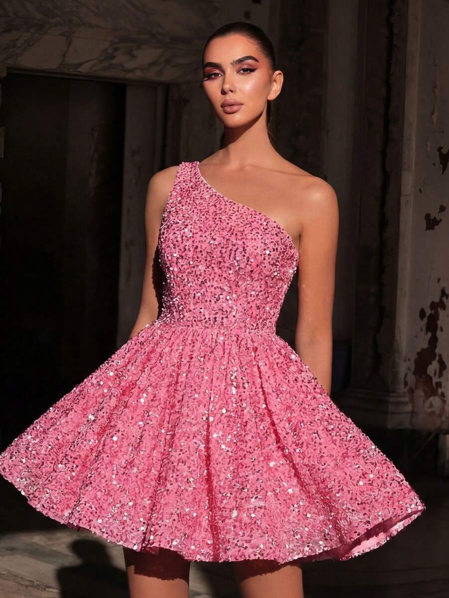 Sleeveless Shiny Sequin A-Line Mini Party Dress, Suitable For Summer Evening Events Elegant - Pink - View 1