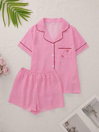 Summer Bowknot Pajama Set, Gentle Elegant Lapel Button Short Sleeve Top And Shorts, Soft 2 Pieces Sleepwear And Loungewear For Women