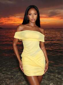 Kliou Sexy One-Shoulder Dress Women Multi-Layer Sexy Contrast Mesh, Fashion Party Birthday Vacation Mini Fitted Dress Elegant Summer - Yellow - View 4