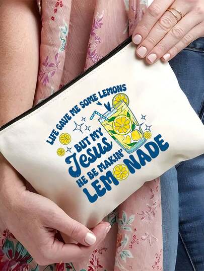 1 pièce Sac de maquillage chrétien inspirant | Pochette de cosmétiques religieuse "Jusus" avec imprimés de versets bibliques au citron | Organisateur de voyage multifonction zippé portable | Multicolore | Pour un usage quotidien, les voyages, le campus | Convient pour un usage quotidien, les voyages, les vacances, les déplacements professionnels, les trajets et la vie étudiante | Cadeau parfait pour les femmes pour les fêtes/la fête des mères/la Saint-Valentin/les anniversaires, les indispensables des vacances d'été, les incontournables de la plage