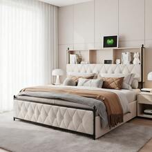 Superaly Upholstered Bed 180 X 200 Cm, Modern Double Bed With Storage, 4 Large Drawers, Headboard, Slatted Frame, Storage Bed Frame, Youth Bed, Velvet, Beige - 米色 - 查看 1