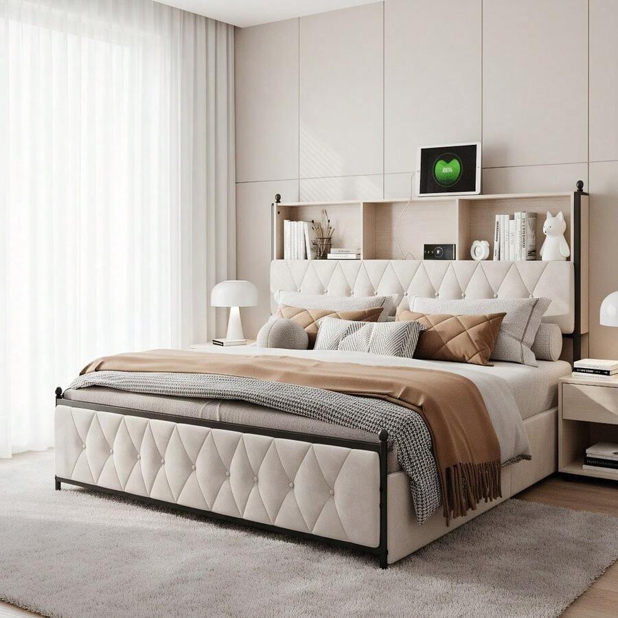 Superaly Upholstered Bed 180 X 200 Cm, Modern Double Bed With Storage, 4 Large Drawers, Headboard, Slatted Frame, Storage Bed Frame, Youth Bed, Velvet, Beige - 米色 - 查看 1