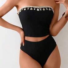 Swim Spring Break Women 2pcs Racerback Tankini Swimsuit Set, Textured Fabric With Shell & Starfish Decor, High-Waisted Swim Bottoms For Adults Beach For Summer Beach Vacation - Blanco - Ver 6