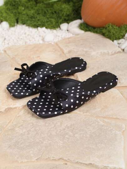 Women's Flat Sandals With Bow Tie And Polka Dots, Elegant Summer Slippers For Beach, Vacation, Fashion, Women's Flat Slides, Polka Dot Slippers, Sexy Women's Slippers, Women's Polka Dot Flat Sandals, Soft Sole Comfortable, Breathable Material