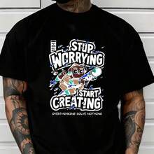 Short-Sleeved T-Shirt With "Stop Worrying Start Creating" Print - 黑色 - 查看 1