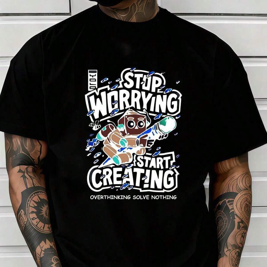 Short-Sleeved T-Shirt With "Stop Worrying Start Creating" Print - 黑色 - 查看 1