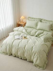 3pcs 100% Polyester 2026 New Romantic Floral Ruffled Duvet Cover Set, Includes 2 Ruffled Pillowcases + 1 Ruffled Duvet Cover (No Bed Sheet),Mint Green - Multicolor - View 9