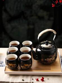 黑色陶瓷茶具套組含茶杯，適合成人、茶愛好者、女性與男性，完美適用於日常使用、辦公室或節日款待朋友，送給朋友、家人或愛人的禮物（金色鄉村風） - 黑色世外桃源 - 查看 2