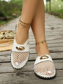 Breathable Mesh Hollow Strap Flat Slide Sandals For Teens, Spring/Summer, Black/White/Brown - White - View 5