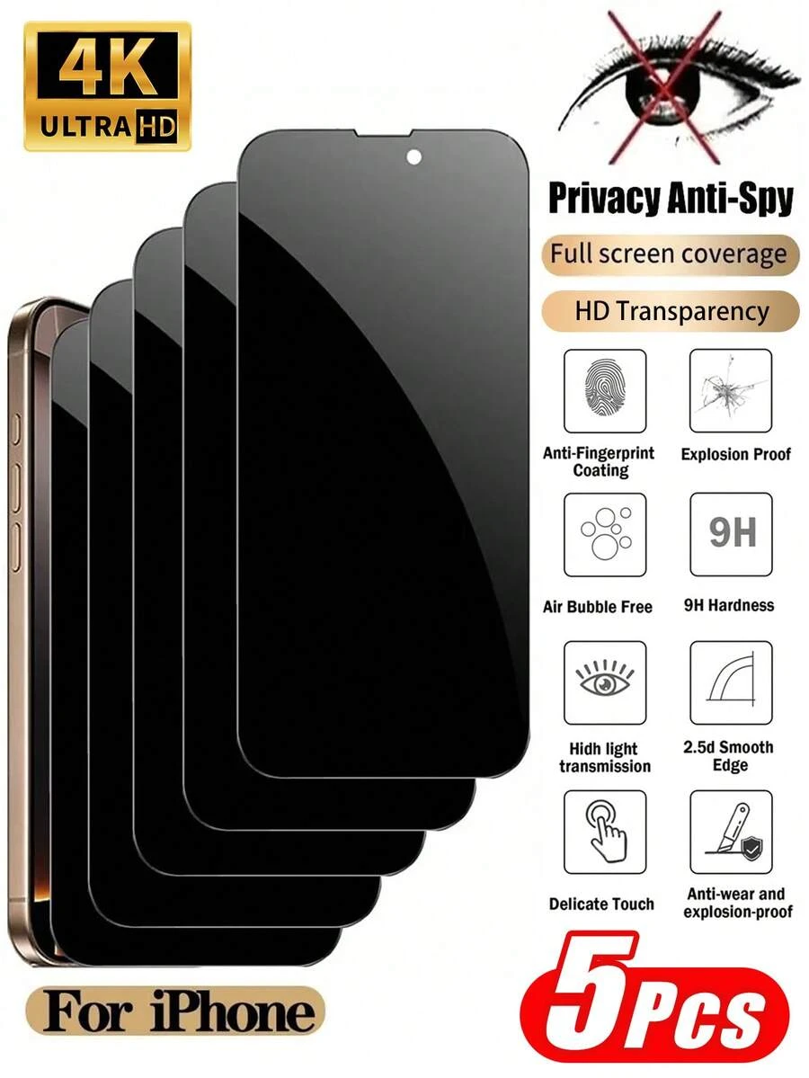 5 piezas - Protector de pantalla de vidrio templado con privacidad para iPhone 16 Pro Max, protección contra caídas de grado militar, dureza 9H, protector de pantalla con privacidad, fácil instalación, compatible con fundas de teléfono, sin burbujas ni bordes blancos, protección completa para la pantalla y la privacidad