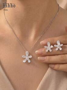Hihho 3pcs/Set Spring Romantic Cubic Zirconia 5-Petal Flower Jewelry Set: Necklace + Earrings, Floral Design Elegant And Versatile For Daily, Dating, And Gathering Occasions - Five-petal Flower - View 1