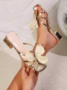 2026夏季新款法式厚底镜面金色凉鞋，时尚百搭金色蝴蝶装饰绑带优雅高跟凉鞋，女士款 - 金色 - 查看 3