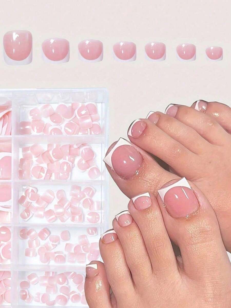 144pcs/Box Pink Square French Style Soft Gel Thick Full Coverage Fake Toenail Extension Tips, Nail Art Supplies - Square - View 1