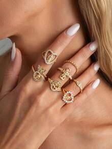 7pcs Vintage Luxury Heart & Virgin Mary Design Ring Set, Hollow Cross Rings, Suitable For Parties, Vacations, Gifts, Daily Wear - Gold - View 2