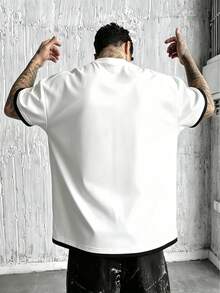 Camiseta de verano versátil y de moda para hombres, diseño de 2 en 1 con contraste de colores, cuello redondo regular, tela de punto transpirable, adecuada para uso diario - Blanco - Ver 5