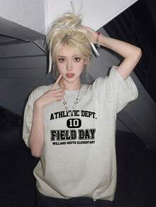 新款Y2K风格女式夏季上衣，复古设计英文字母印花圆领短袖T恤休闲款 - 淺花灰 - 查看 4