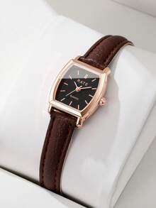 Women's Minimalist Quartz Wristwatch With Barrel-Shaped Leather Strap - Brown - View 7