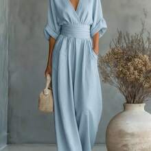 2026 New Women's Linen-Blend Jumpsuit, Deep V-Neck Half-Sleeve Belt Wide-Leg Pants, Elegant Casual Jumpsuit With Pockets, Suitable For Daily Wear In Summer Vacation - 粉色 - 查看 2