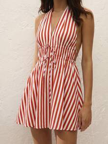 女士时尚露背吊带迷你连衣裙，条纹腰部设计，优雅性感，适合海滩、约会等场合。 - 橘紅 - 查看 1