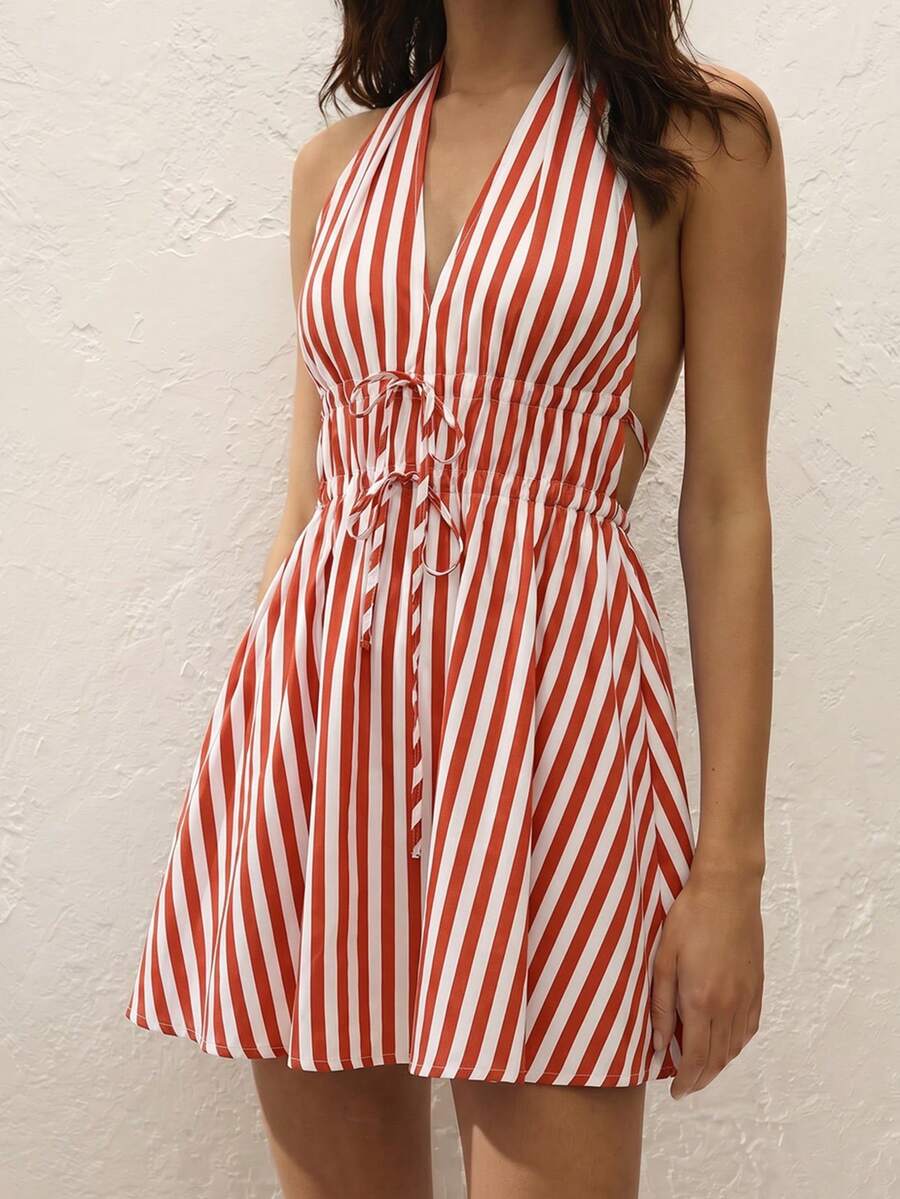 女士时尚露背吊带迷你连衣裙，条纹腰部设计，优雅性感，适合海滩、约会等场合。 - 橘紅 - 查看 1