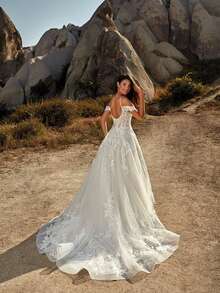 Elegant Off Shoulder Strap Lace Tulle A Line Wedding Dress, Sheer Lace Bodice, Full Lace Tulle Skirt, Romantic And Flowing Bridal Style For Outdoor Weddings, Evening Party Dress,Birthday Party Dress,Country Wedding,Church Ceremony Wedding Dress,Suitable For Wedding,Birthday Party,Formal Dresses For Women,Includes Plus Sizes, Dating,Party,Singles' Party,Vacation,Formal Occasions,Dinner Dress,Prom Dress,Homecoming Dess,Cocktail Party,Wedding Guest Dress,Graduation - trắng - Xem 5