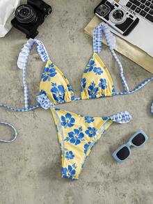 Bộ bikini tam giác viền ren 2 mảnh dành cho nữ, hai họa tiết in, thích hợp cho kỳ nghỉ trên đảo và bơi lội ở bãi biển. - Nhiều màu - Xem 2