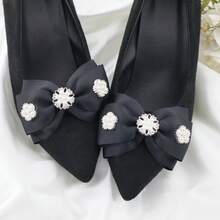 2pcs Black Bow Shoe Clips, Detachable Pearl & Rhinestone Flower Decorations For High Heels, Elegant Accessories For Bridal Wedding & Evening Shoes - #2 - View 2