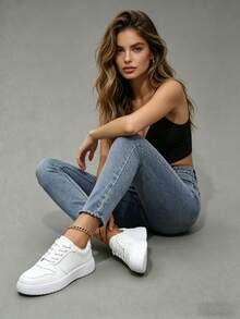 Women's White Leather Breatheable Lace-Up Shoes, Polished Upper With Ventilation Holes, Elevated Soft EVA Platform For Casual Outfits - 白色 - 查看 6