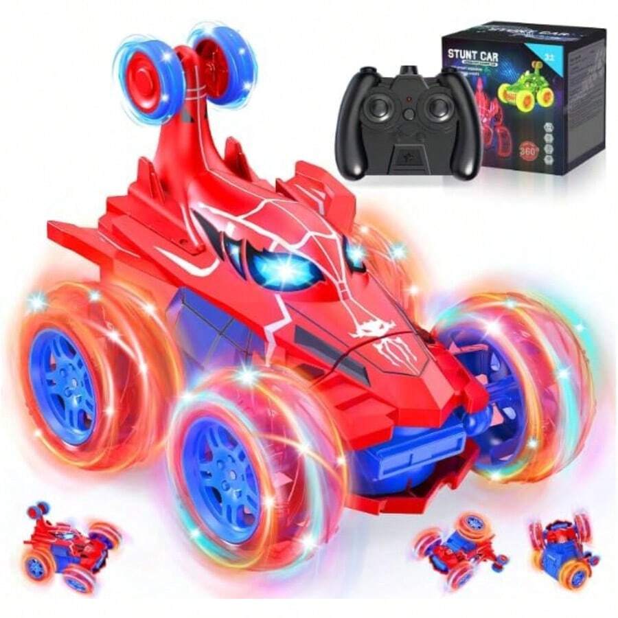 蜘蛛遙控車 RC 玩具車,酷炫可充電特技 RC 車,360度翻轉 4WD 輪胎配亮光,適合 4 5 6 7 8 9 10 11 12 歲兒童生日或聖誕節的趣味戶外玩具禮物 - 彩色 - 查看 1