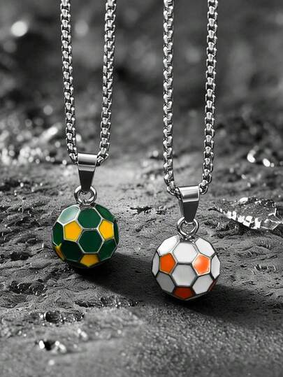 1件简约不锈钢彩色足球吊坠项链，运动时尚饰品，绿色、橙色，男士毕业礼物