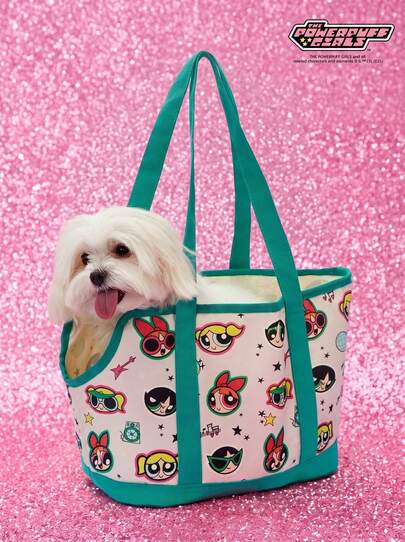 THE POWERPUFF GIRLS X PETSIN Large Pocket Carrier Bag For Small Dogs, Rabbits, And Cats; Soft-Sided Canvas Transport Bag For Dogs, Equipped With An Internal (Traction Lanyard); Foldable Puppy And Cat Transport Bag In Green.