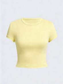 Women's Summer New Simple Design Yellow Casual Round Neck Short Sleeve T-Shirt, Fashionable Versatile Suitable For Women's Tops - Yellow - View 3