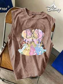 Men's 230g Washed Cotton Vest, Minnie & Princesses Print, Distressed Loose Crew Neck, Breathable Street Style, Must-Have Summer Gift For Disney Fans. - 咖啡棕 - 查看 1