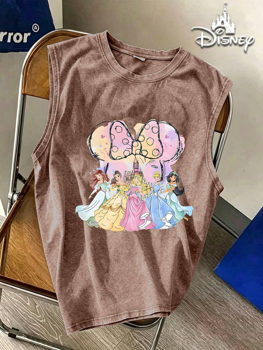 Men's 230g Washed Cotton Vest, Minnie & Princesses Print, Distressed Loose Crew Neck, Breathable Street Style, Must-Have Summer Gift For Disney Fans. - 咖啡棕 - 查看 1