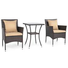 Set Of 3 Patio Wicker Bistro Set 2 Rattan Chairs W/Double-Tier Tempered Glass Table - 米色 - 查看 9