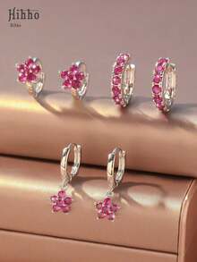 Hihho 6 Pieces Simple & Fashionable Shiny Flower Pendant Earring Set With Full Zirconia Inlay - Luxury Jewelry Ear Accessories Gift Valentines,Mom,Mother,Mother's Day,Gift - Xanh ngọc lam - Xem 4