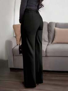 rectos de tela de traje con bolsillo con cremallera de unicolor  cintura, elegantes para la oficina, casuales y versátiles, para primavera/veranossfin, - Negro - Ver 3