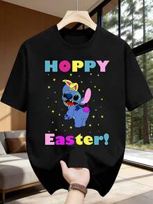 Disney Unisex Casual Round Neck Short Sleeve T-Shirt, Disney Stitch Hoppy Easter T Shirt - 黑色 - 查看 1