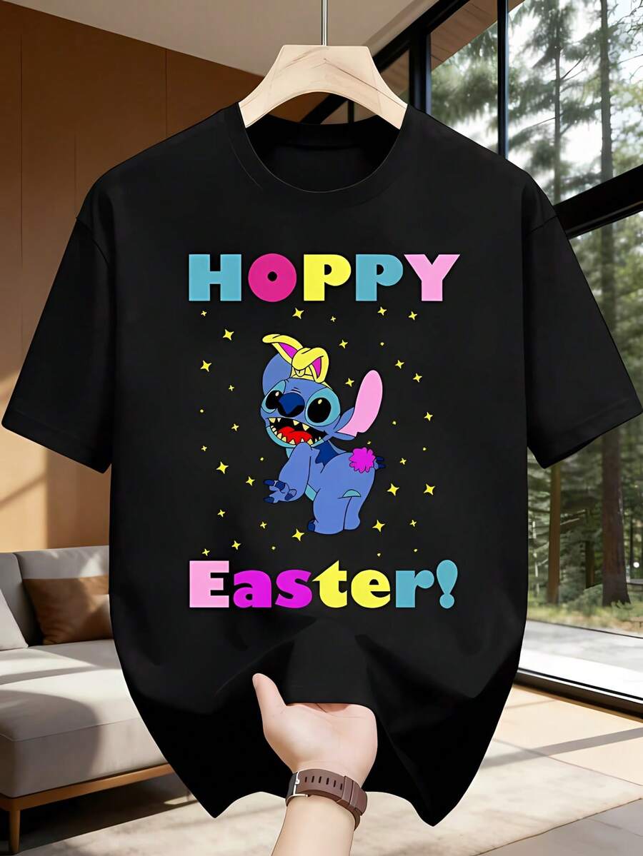 Disney Unisex Casual Round Neck Short Sleeve T-Shirt, Disney Stitch Hoppy Easter T Shirt - 黑色 - 查看 1